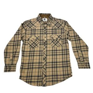 Coevals Club Western Shirt Mens Small S Brown Gray Plaid Flannel Pearl Snap